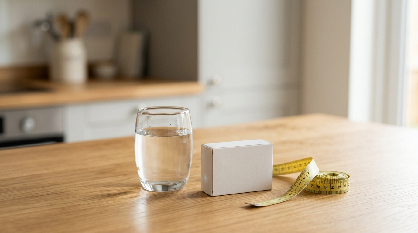 A sleek, minimalist smartphone displaying a weight-loss telehealth subscription app next to a glass of water.