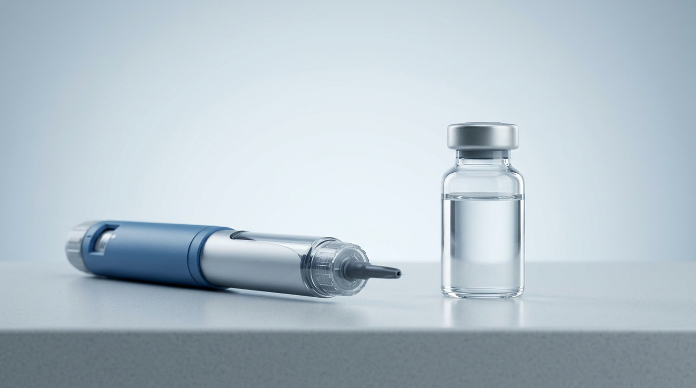 A close-up of a weekly GLP-1 injector pen on a medical desk, representing the shift away from daily weight-loss drugs.